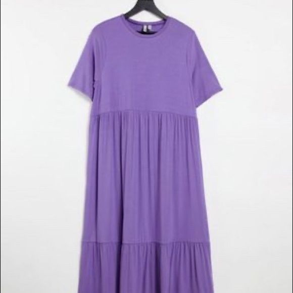 ASOS tiered smock t-shirt midi maxi cotton boho dress purple ash short sleeve -6 - Picture 3 of 16